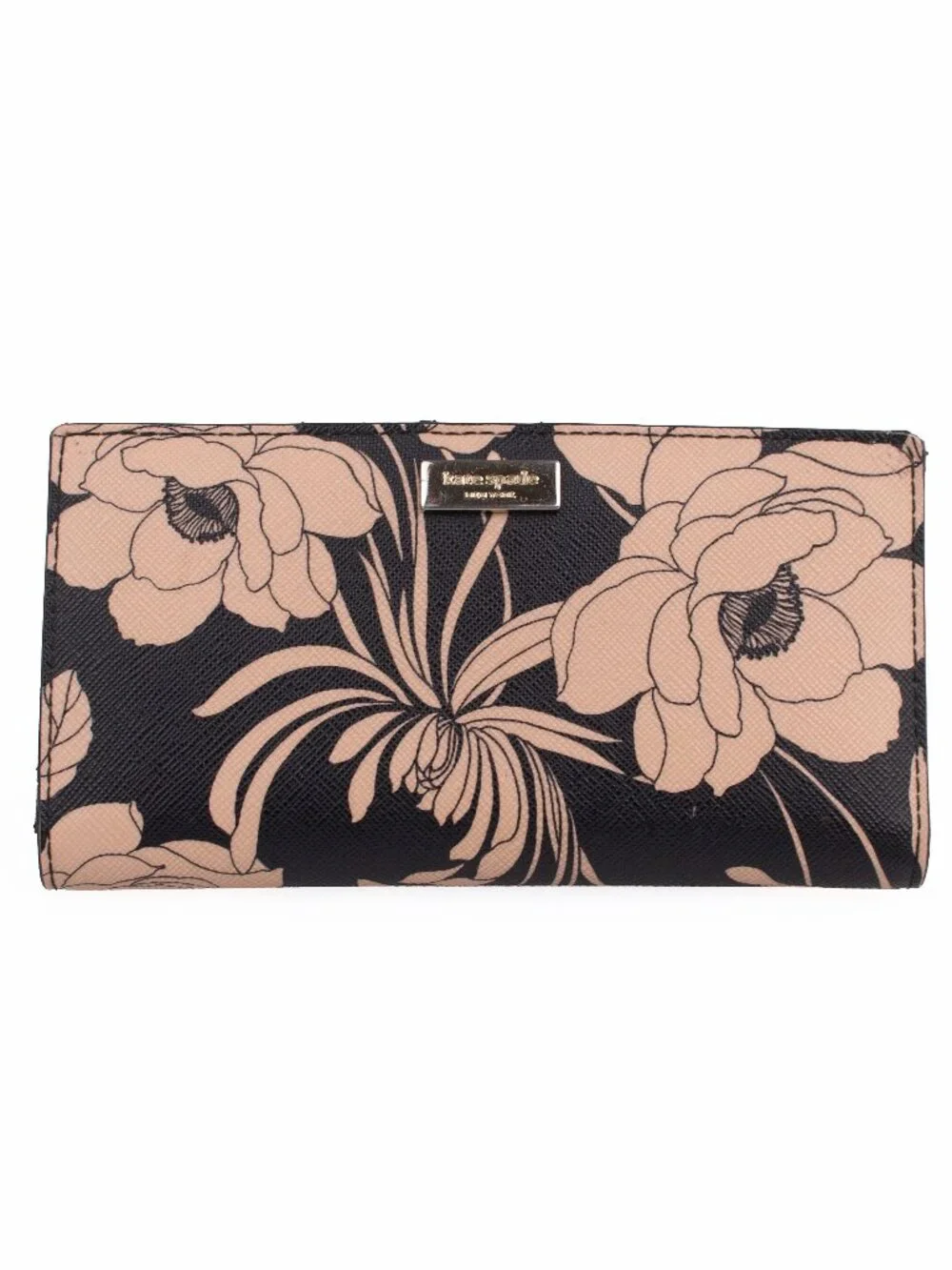 Kate Spade Laurel Way Gardenia Stacy Black Peach Floral Saffiano Leather Wallet